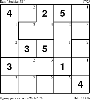 The grouppuzzles.com Easy Sudoku-5B puzzle for Monday September 21, 2026 with the first 3 steps marked
