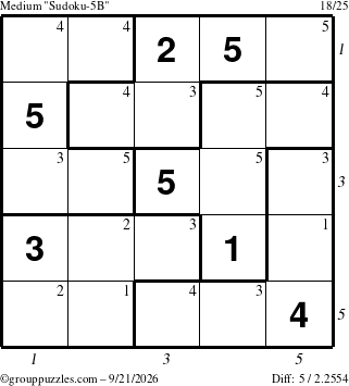 The grouppuzzles.com Medium Sudoku-5B puzzle for Monday September 21, 2026, suitable for printing, with all 5 steps marked
