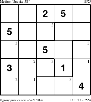 The grouppuzzles.com Medium Sudoku-5B puzzle for Monday September 21, 2026 with the first 3 steps marked