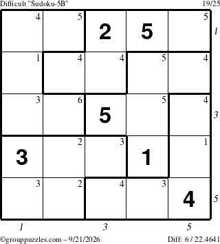 The grouppuzzles.com Difficult Sudoku-5B puzzle for Monday September 21, 2026 with all 6 steps marked