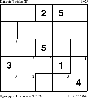 The grouppuzzles.com Difficult Sudoku-5B puzzle for Monday September 21, 2026 with the first 3 steps marked