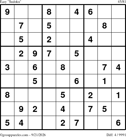 The grouppuzzles.com Easy Sudoku puzzle for Monday September 21, 2026