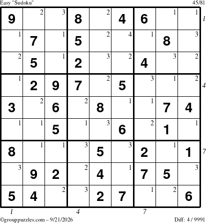 The grouppuzzles.com Easy Sudoku puzzle for Monday September 21, 2026 with all 4 steps marked