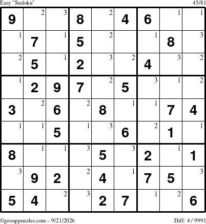 The grouppuzzles.com Easy Sudoku puzzle for Monday September 21, 2026 with the first 3 steps marked