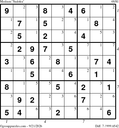 The grouppuzzles.com Medium Sudoku puzzle for Monday September 21, 2026 with all 7 steps marked