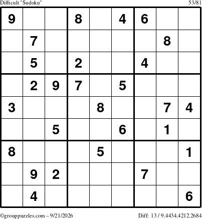 The grouppuzzles.com Difficult Sudoku puzzle for Monday September 21, 2026