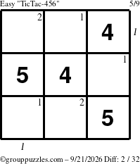The grouppuzzles.com Easy TicTac-456 puzzle for Monday September 21, 2026 with all 2 steps marked