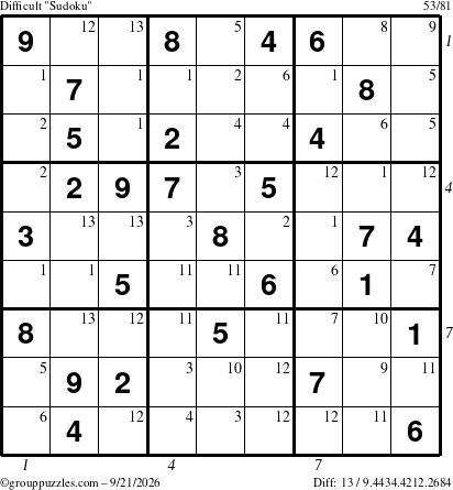 The grouppuzzles.com Difficult Sudoku puzzle for Monday September 21, 2026, suitable for printing, with all 13 steps marked