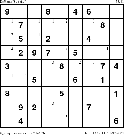 The grouppuzzles.com Difficult Sudoku puzzle for Monday September 21, 2026 with the first 3 steps marked