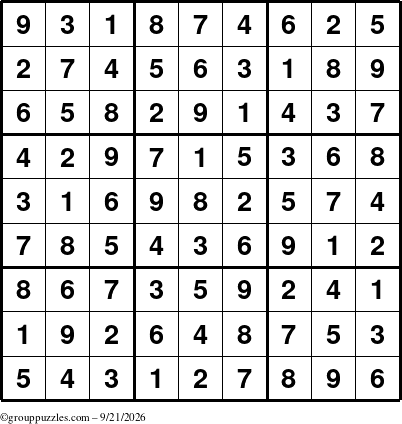 The grouppuzzles.com Answer grid for the Sudoku puzzle for Monday September 21, 2026