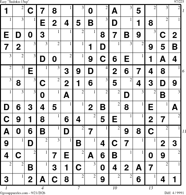The grouppuzzles.com Easy Sudoku-15up puzzle for Monday September 21, 2026, suitable for printing, with all 4 steps marked