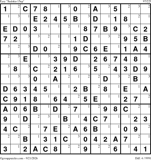 The grouppuzzles.com Easy Sudoku-15up puzzle for Monday September 21, 2026 with the first 3 steps marked