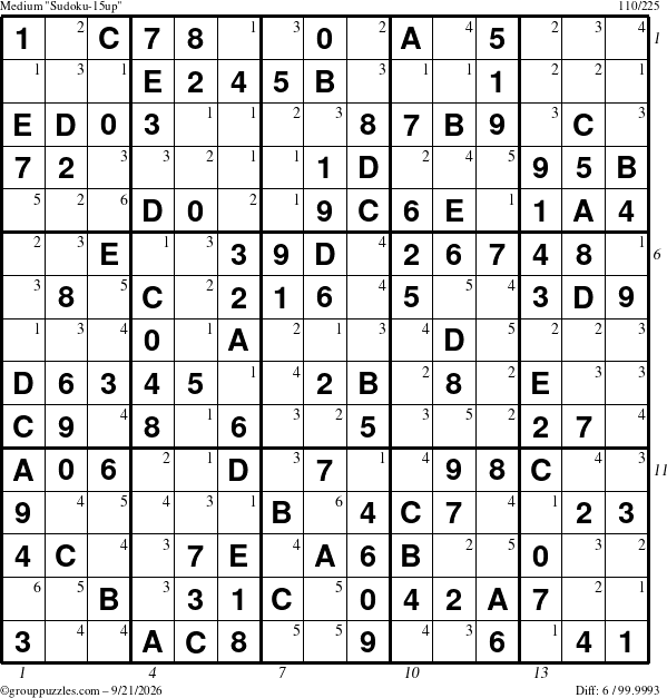 The grouppuzzles.com Medium Sudoku-15up puzzle for Monday September 21, 2026, suitable for printing, with all 6 steps marked