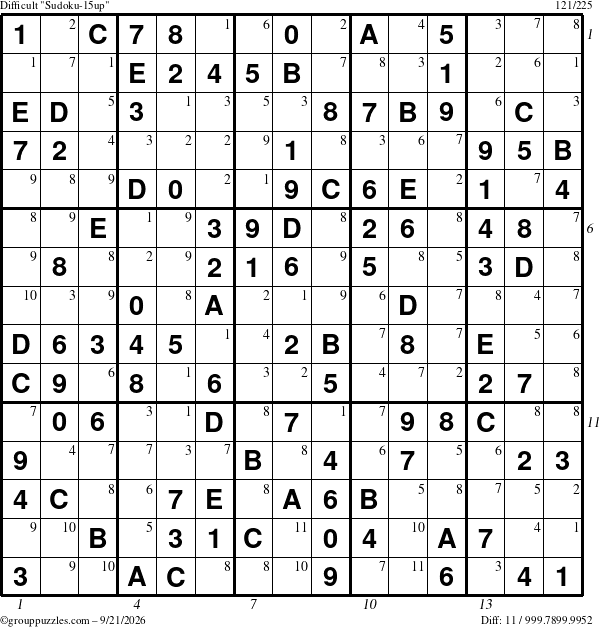 The grouppuzzles.com Difficult Sudoku-15up puzzle for Monday September 21, 2026 with all 11 steps marked
