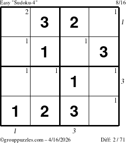 The grouppuzzles.com Easy Sudoku-4 puzzle for Thursday April 16, 2026 with all 2 steps marked