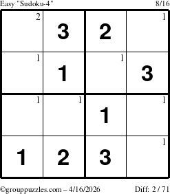 The grouppuzzles.com Easy Sudoku-4 puzzle for Thursday April 16, 2026 with the first 2 steps marked