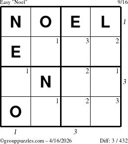 The grouppuzzles.com Easy Noel puzzle for Thursday April 16, 2026 with all 3 steps marked