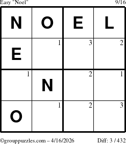 The grouppuzzles.com Easy Noel puzzle for Thursday April 16, 2026 with the first 3 steps marked