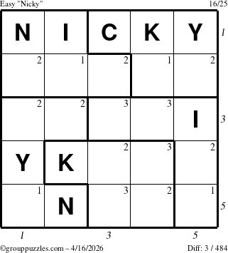 The grouppuzzles.com Easy Nicky puzzle for Thursday April 16, 2026, suitable for printing, with all 3 steps marked