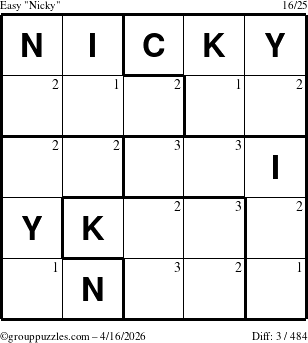 The grouppuzzles.com Easy Nicky puzzle for Thursday April 16, 2026 with the first 3 steps marked