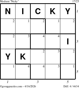 The grouppuzzles.com Medium Nicky puzzle for Thursday April 16, 2026 with all 4 steps marked