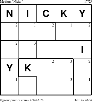 The grouppuzzles.com Medium Nicky puzzle for Thursday April 16, 2026 with the first 3 steps marked