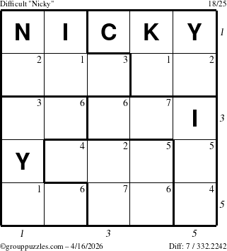 The grouppuzzles.com Difficult Nicky puzzle for Thursday April 16, 2026, suitable for printing, with all 7 steps marked