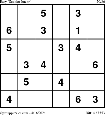 The grouppuzzles.com Easy Sudoku-Junior puzzle for Thursday April 16, 2026