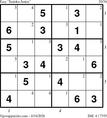 The grouppuzzles.com Easy Sudoku-Junior puzzle for Thursday April 16, 2026, suitable for printing, with all 4 steps marked