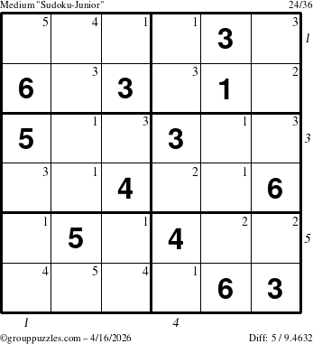 The grouppuzzles.com Medium Sudoku-Junior puzzle for Thursday April 16, 2026, suitable for printing, with all 5 steps marked