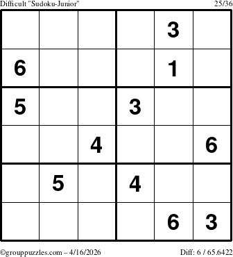 The grouppuzzles.com Difficult Sudoku-Junior puzzle for Thursday April 16, 2026