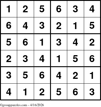The grouppuzzles.com Answer grid for the Sudoku-Junior puzzle for Thursday April 16, 2026