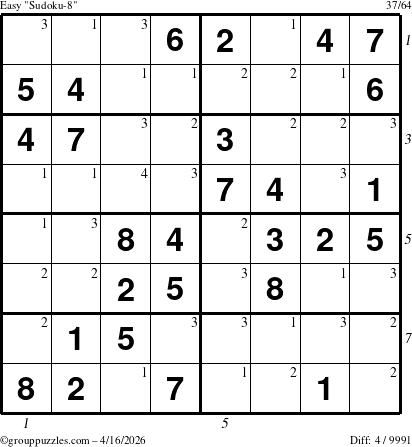 The grouppuzzles.com Easy Sudoku-8 puzzle for Thursday April 16, 2026 with all 4 steps marked