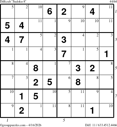 The grouppuzzles.com Difficult Sudoku-8 puzzle for Thursday April 16, 2026 with all 11 steps marked
