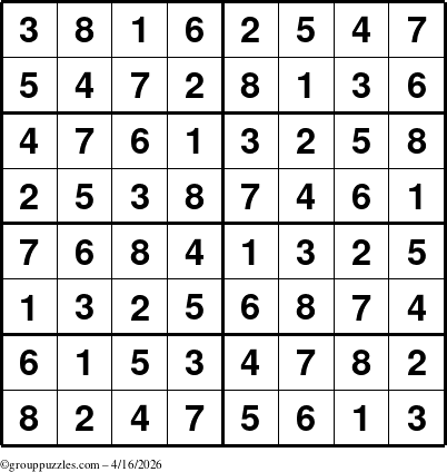 The grouppuzzles.com Answer grid for the Sudoku-8 puzzle for Thursday April 16, 2026