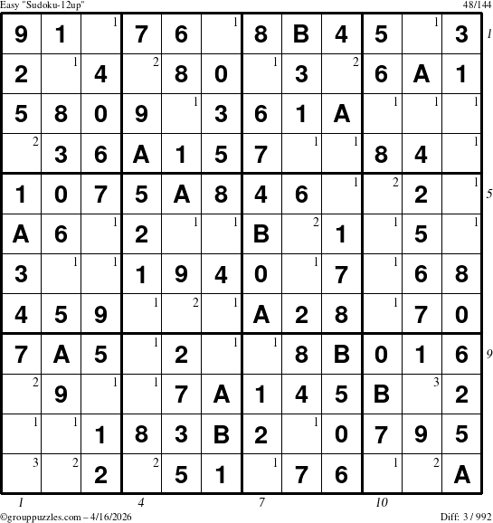 The grouppuzzles.com Easy Sudoku-12up puzzle for Thursday April 16, 2026, suitable for printing, with all 3 steps marked