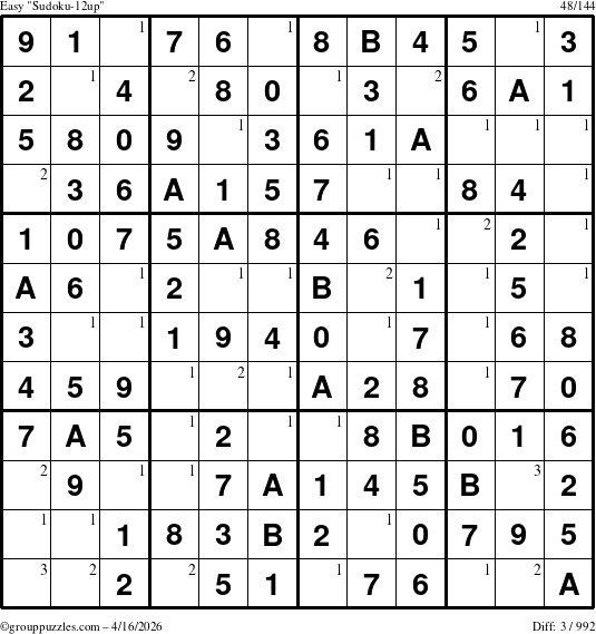 The grouppuzzles.com Easy Sudoku-12up puzzle for Thursday April 16, 2026 with the first 3 steps marked