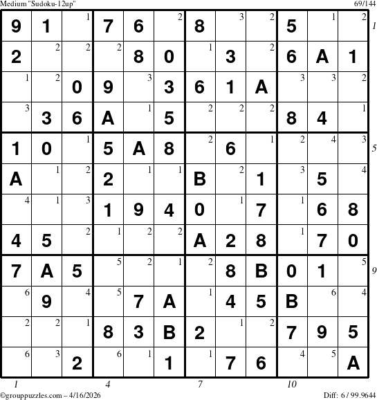 The grouppuzzles.com Medium Sudoku-12up puzzle for Thursday April 16, 2026 with all 6 steps marked