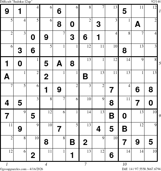 The grouppuzzles.com Difficult Sudoku-12up puzzle for Thursday April 16, 2026, suitable for printing, with all 14 steps marked