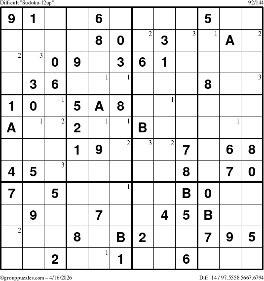 The grouppuzzles.com Difficult Sudoku-12up puzzle for Thursday April 16, 2026 with the first 3 steps marked