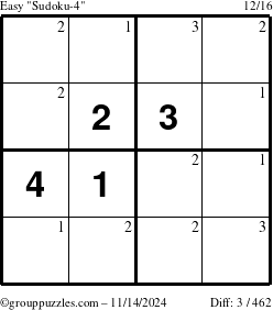 The grouppuzzles.com Easy Sudoku-4 puzzle for Thursday November 14, 2024 with the first 3 steps marked