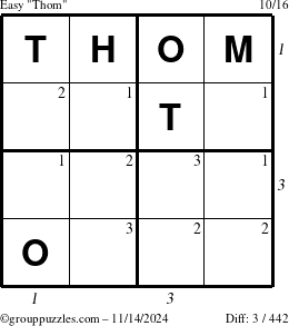 The grouppuzzles.com Easy Thom puzzle for Thursday November 14, 2024 with all 3 steps marked