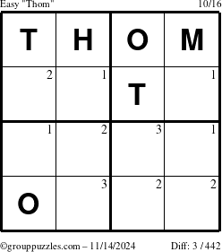 The grouppuzzles.com Easy Thom puzzle for Thursday November 14, 2024 with the first 3 steps marked