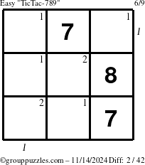 The grouppuzzles.com Easy TicTac-789 puzzle for Thursday November 14, 2024 with all 2 steps marked