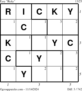 The grouppuzzles.com Easy Ricky puzzle for Thursday November 14, 2024 with all 3 steps marked