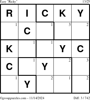 The grouppuzzles.com Easy Ricky puzzle for Thursday November 14, 2024 with the first 3 steps marked