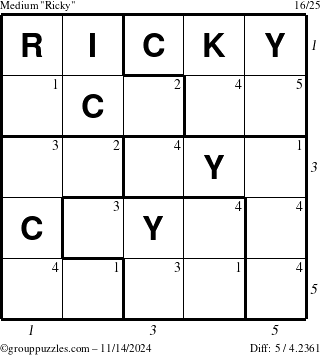 The grouppuzzles.com Medium Ricky puzzle for Thursday November 14, 2024, suitable for printing, with all 5 steps marked