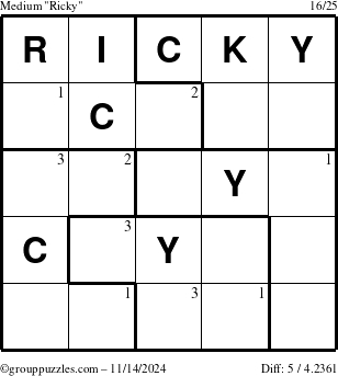 The grouppuzzles.com Medium Ricky puzzle for Thursday November 14, 2024 with the first 3 steps marked