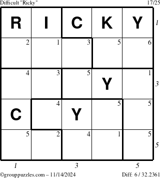 The grouppuzzles.com Difficult Ricky puzzle for Thursday November 14, 2024, suitable for printing, with all 6 steps marked