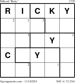 The grouppuzzles.com Difficult Ricky puzzle for Thursday November 14, 2024 with the first 3 steps marked